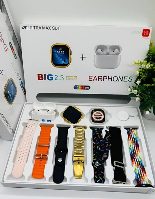 I20 Ultra Max Smart Watch 10-in-1 box set comes with AirPods 2